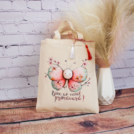 Sacoșă mărțișor textilă din bumbac, 22 × 26 cm – Fluturaș "Bine ai venit primavara" [1]