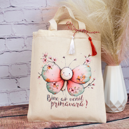 Sacoșă mărțișor textilă din bumbac, 22 × 26 cm – Fluturaș "Bine ai venit primavara" [2]