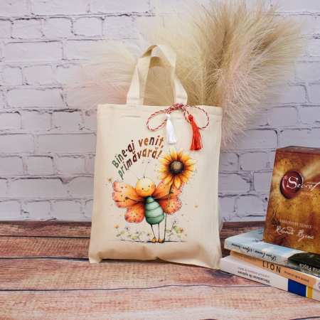 Sacoșă mărțișor textilă din bumbac, 22 × 26 cm – Fluturași de primăvară [4]