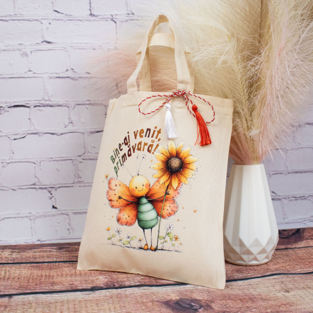 Sacoșă mărțișor textilă din bumbac, 22 × 26 cm – Fluturași de primăvară [1]