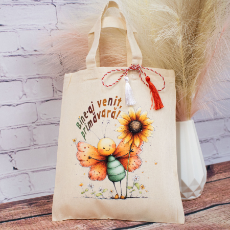 Sacoșă mărțișor textilă din bumbac, 22 × 26 cm – Fluturași de primăvară [2]