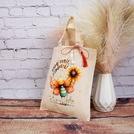 Sacosa martisor - Sacoșă mărțișor textilă din bumbac, 22 × 26 cm – Fluturași de primăvară