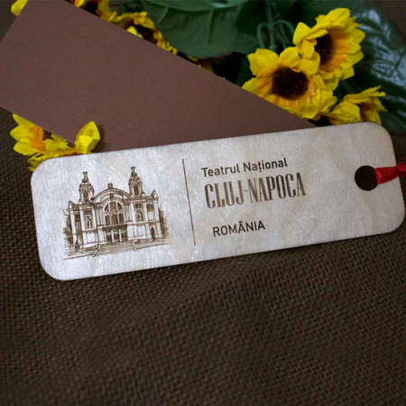 Semn de carte suvenir gravat - Semn de carte suvenir, din lemn, gravat “Teatrul National” Cluj Napoca