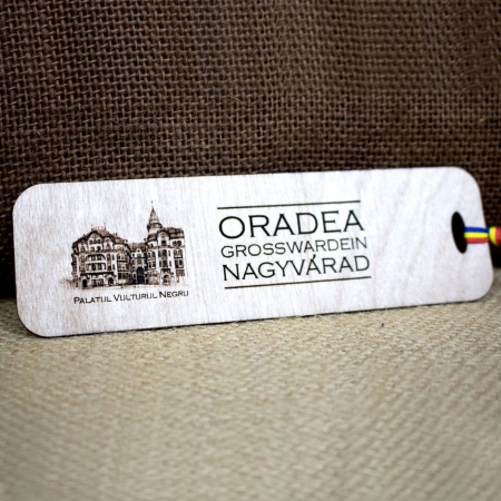 Semn de carte suvenir, din lemn, gravat, Palatul Vulturul Negru, Oradea [4]