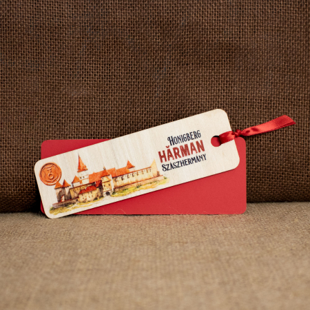 Colectii suveniruri - Semn de carte suvenir, din lemn, acuarela, Biserica - Cetate Fortificata Harman