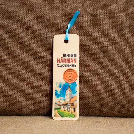 Colectii suveniruri - Semn de carte suvenir, din lemn, acuarela, Biserica Evanghelica Fortificata Harman