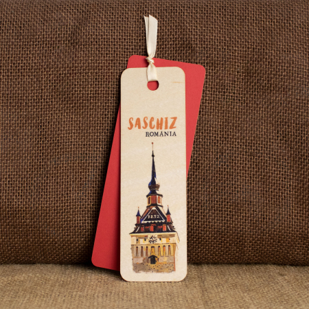 Biserica Fortificata Saschiz, Mures - Semn De Carte suvenir, Din Lemn, acuarela, Biserica Fortificata Saschiz, Mures