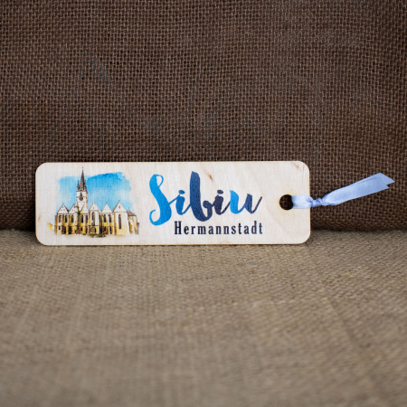 Sibiu - Semn De Carte suvenir, Din lemn, acuarela, Biserica Sfanta Maria, Sibiu