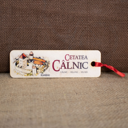 Semn de carte suvenir, din lemn, acuarela, "Cetatea Calnic, judetul Alba"