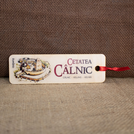 Semn de carte suvenir, din lemn, acuarela, "Cetatea Calnic, judetul Alba"