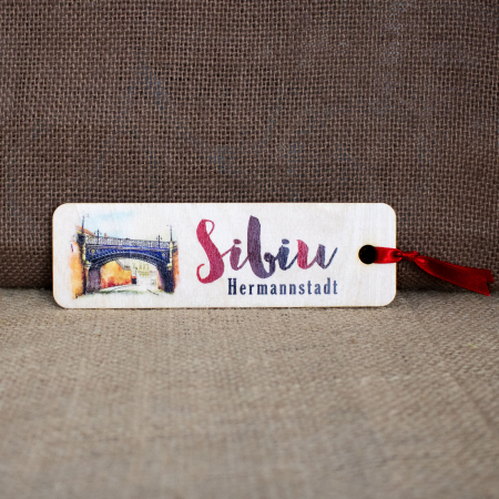 Sibiu - Semn De Carte suvenir, Din lemn, acuarela, Podul Minciunilor, Sibiu