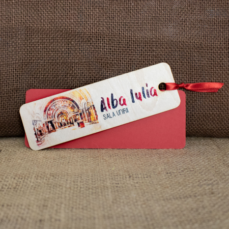 Semn de carte suvenir acuarela - Semn de carte suvenir din lemn, color vintage, Sala Unirii, Alba Iulia