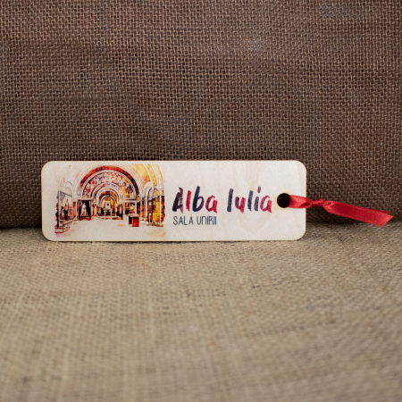 Semn de carte suvenir din lemn, color vintage, Sala Unirii, Alba Iulia [1]