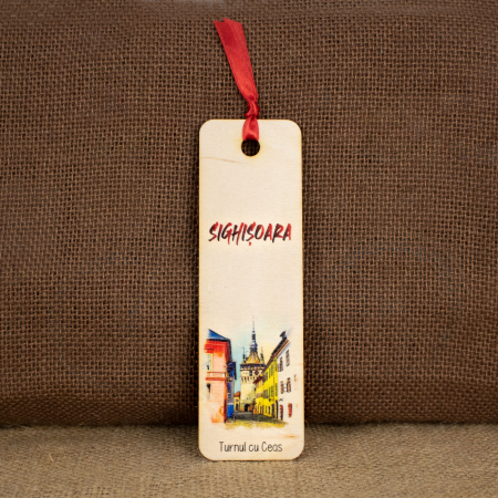 Sighisoara - Semn de carte suvenir, din lemn, acuarela, "Turnul cu Ceas" Sighisoara