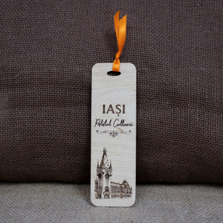 Palate si Curti Domnesti - Semn de carte suvenir, din lemn, gravat, "Palatul Culturii Iasi"