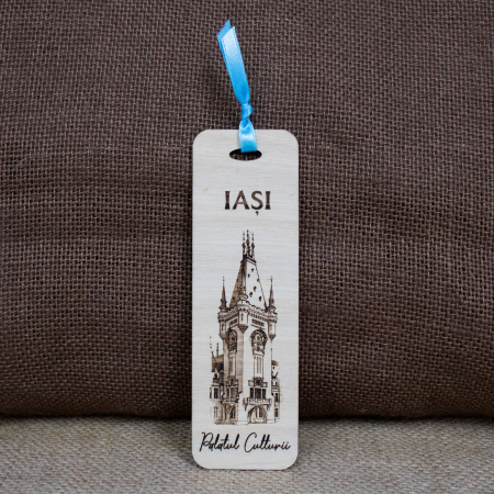 Palate si Curti Domnesti - Semn de carte suvenir, din lemn, gravat, "Palatul Culturii Iasi"