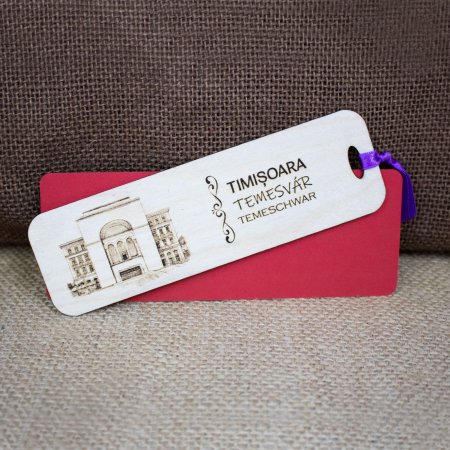 Semn de carte suvenir, din lemn, gravat, "Palatul Culturii Timisoara" (Cladirea Operei) [1]