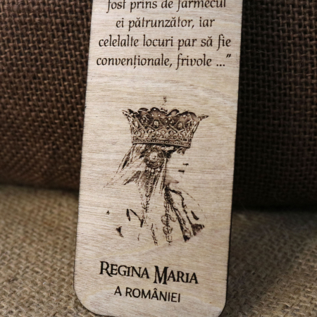 Semn de carte suvenir, din lemn, gravat, Regina Maria a Romaniei - Castelul Bran [1]