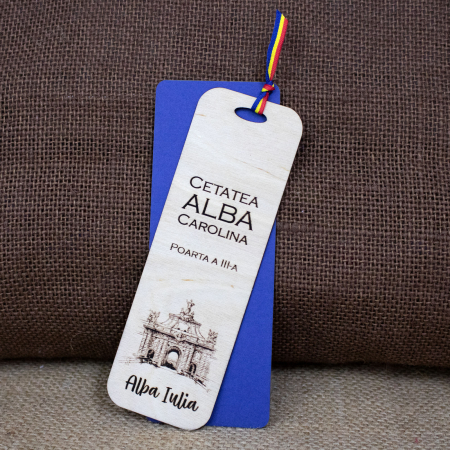 Semn de carte suvenir, din lemn, gravat, Poarta a III-a Cetatea Alba Carolina [1]