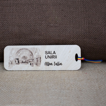 Semn de carte suvenir din lemn, gravat,  Sala Unirii, Alba Iulia