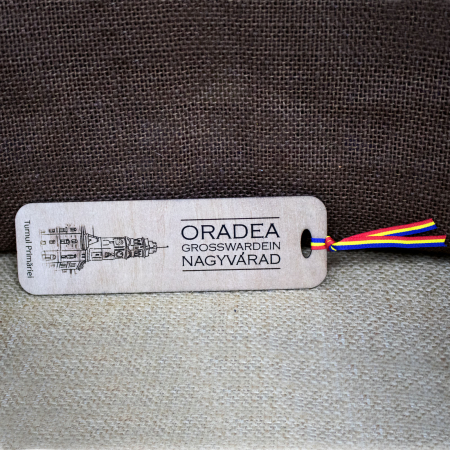 Semn de carte suvenir, din lemn, gravat, Turnul Primariei Oradea [2]