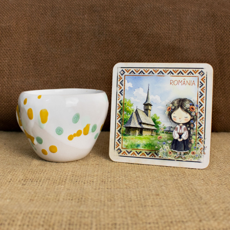 Romania - Suport de pahare suvenir, din lemn,  Ilinca la biserica de lemn, Romania