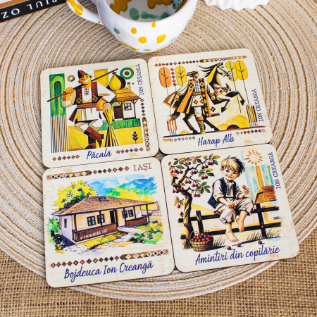 Suport pahare suvenir, din lemn, Amintiri din Copilarie - personaje (set 4 bucati) [1]