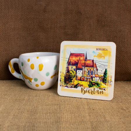 Biserica Fortificata Biertan - Suport pahare suvenir, din lemn, Biserica Fortificata Biertan, Biertan, Sibiu