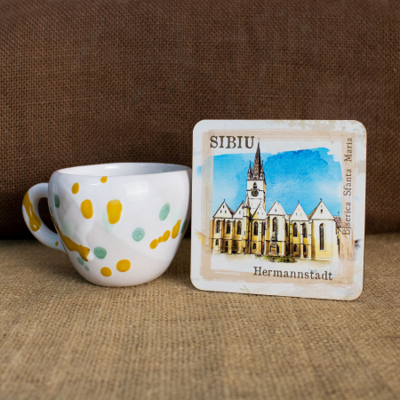 Sibiu - Suport pahare suvenir, din lemn, Biserica Sfanta Maria, Sibiu - Hermannstadt