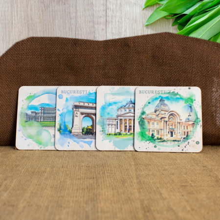 Suport pahare suvenir, din lemn, Bucuresti (set 4 bucati) [1]