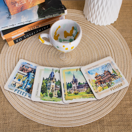Suport pahare suvenir din lemn - Suport pahare suvenir, din lemn, Castelul Peles (set 4 bucati)