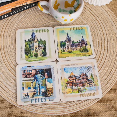 Suport pahare suvenir, din lemn, Castelul Peles (set 4 bucati) [1]