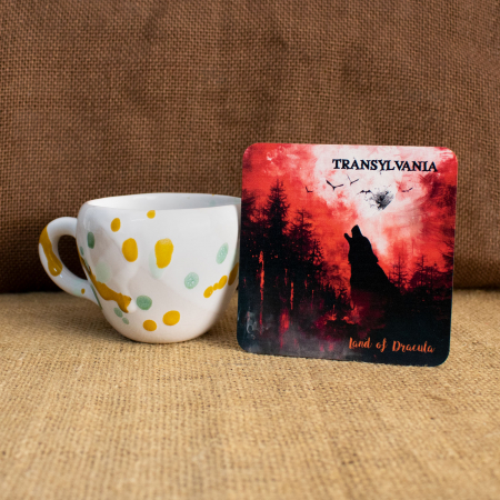 Suport pahare suvenir, din lemn, Mitul Dracula, Transylvania, Romania (set 4 bucati) [3]