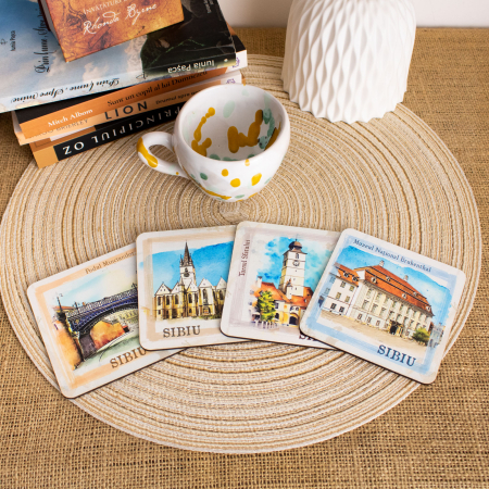 Sibiu - Suport pahare suvenir, din lemn, Sibiu (set 4 bucati)