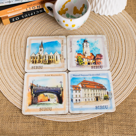 Suport pahare suvenir, din lemn, Turnul Sfatului, Sibiu [2]