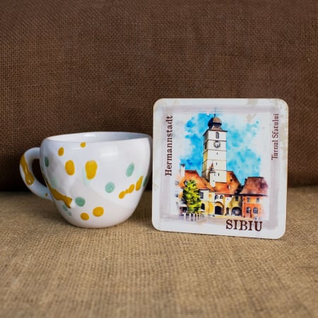 Sibiu - Suport pahare suvenir, din lemn, Turnul Sfatului, Sibiu - Hermannstadt