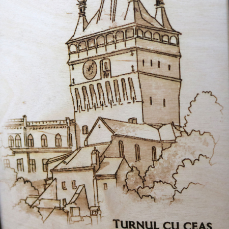 Tablou suvenir din lemn, gravat,  Turnul cu Ceas, Sighisoara, dimensiune 10/15, rama inclusa [3]