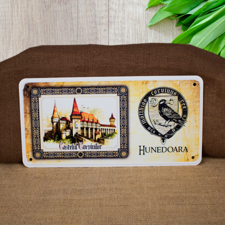 Colectia "Visit Romania" - Tablou metalic decorativ suvenir, acuarela, "Visit Castelul Corvinilor Hunedoara"