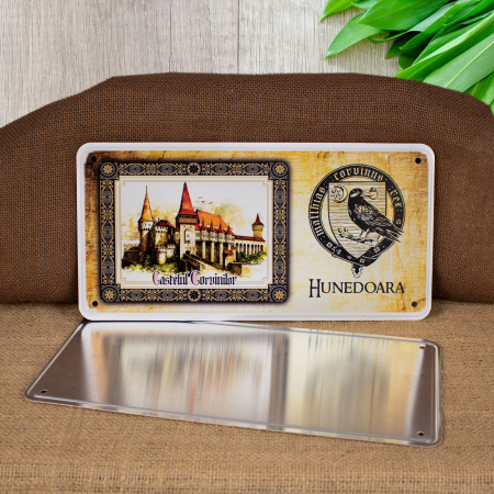 Tablou metalic decorativ suvenir, acuarela, "Visit Castelul Corvinilor Hunedoara" [3]
