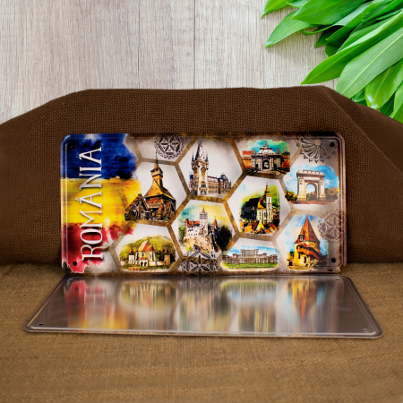 Tablou metalic decorativ suvenir, Visit Romania [1]