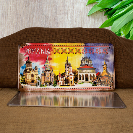 Tablou metalic decorativ suvenir, Visit Romania [1]