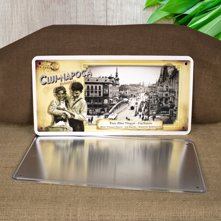 Tablou metalic decorativ suvenir, vintage "Piata Mihai Viteazul" - Cluj Napoca [1]