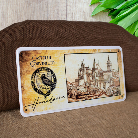Tablou metalic suvenir, vintage "Visit Castelul Corvinilor Hunedoara" [1]