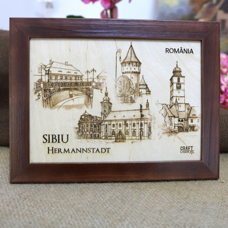 Tablou suvenir Sibiu, gravat (fotogravura), cu rama inclusa 13/18, desen realizat manual [0]