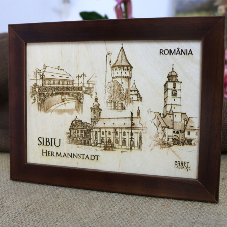 Tablou suvenir Sibiu, gravat (fotogravura), cu rama inclusa 13/18, desen realizat manual [1]