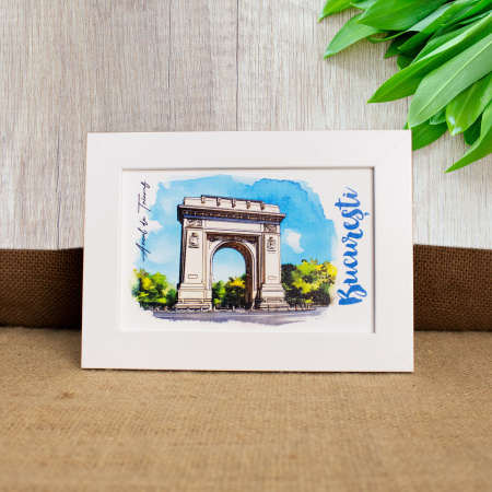 Tablou suvenir, acuarela, Palatul Parlamentului Bucuresti, dimensiune 10 x15 cm, rama inclusa