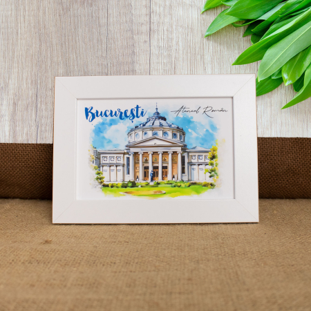 Bucuresti - Tablou suvenir, acuarela, Ateneul Roman, Bucuresti, dimensiune 10 x15 cm, rama inclusa