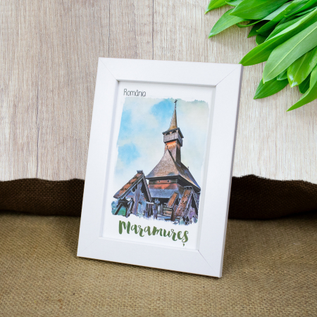 Maramures - Tablou suvenir, acuarela, Maramures (turla biserica traditionala), dimensiune 10 x15 cm, rama inclusa