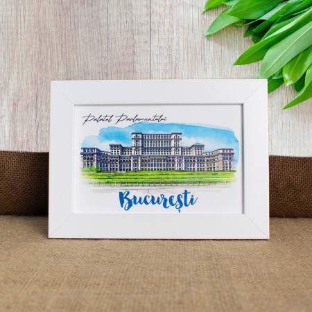 Tablou suvenir, acuarela, Palatul Parlamentului Bucuresti, dimensiune 10 x15 cm, rama inclusa