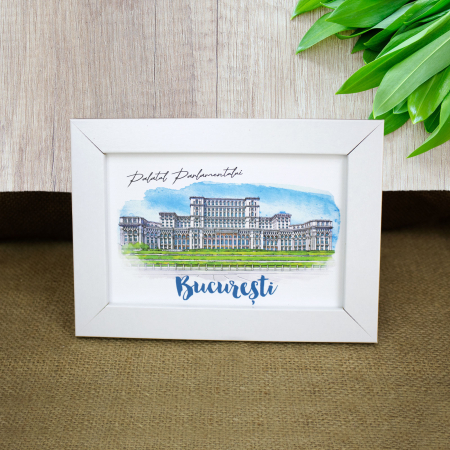 Tablou suvenir - Tablou suvenir, acuarela, Palatul Parlamentului Bucuresti, dimensiune 10 x15 cm, rama inclusa